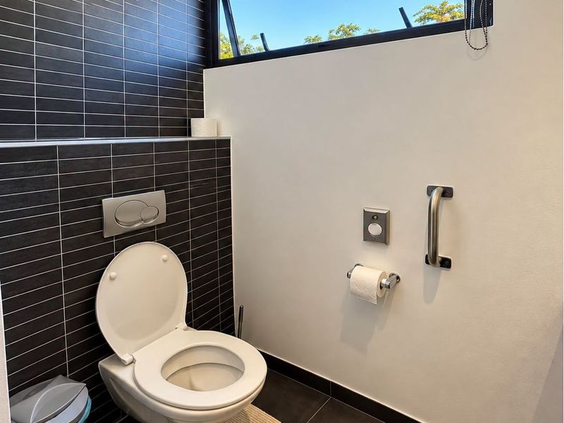 Modern bathroom featuring a wall-mounted toilet, sleek dark tiled accent wall, and a functional grab rail for accessibility.