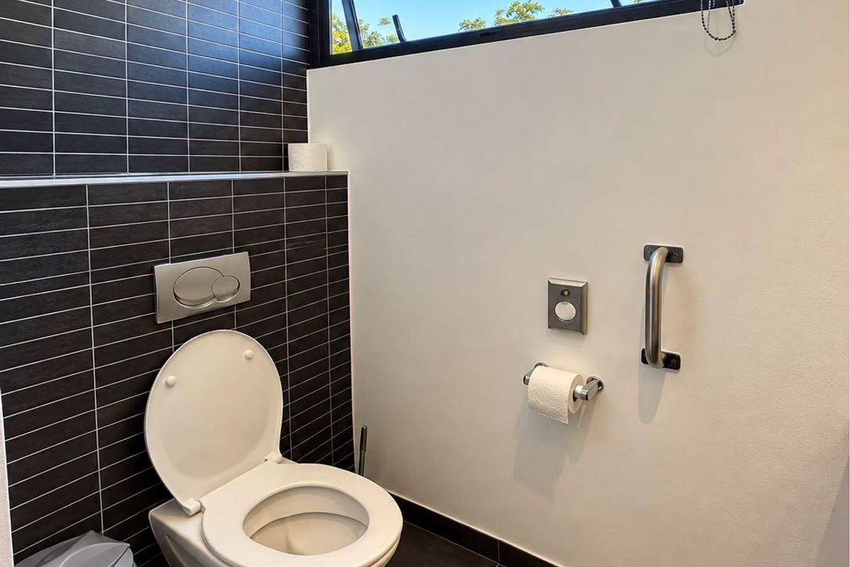 Modern bathroom featuring a wall-mounted toilet, sleek dark tiled accent wall, and a functional grab rail for accessibility.