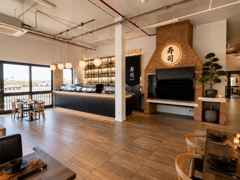 A modern open-plan industrial restaurant space featuring exposed ceiling services, a prominent brick fireplace, a built-in bar counter, and large sliding glass doors.