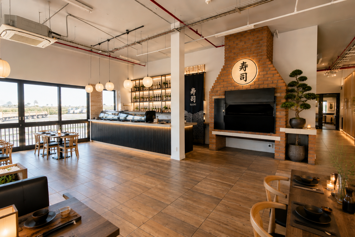 A modern open-plan industrial restaurant space featuring exposed ceiling services, a prominent brick fireplace, a built-in bar counter, and large sliding glass doors.