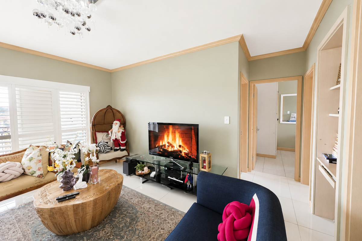 A well-maintained living room featuring crown molding, tiled flooring, and built-in shelving, offering a comfortable and inviting atmosphere.