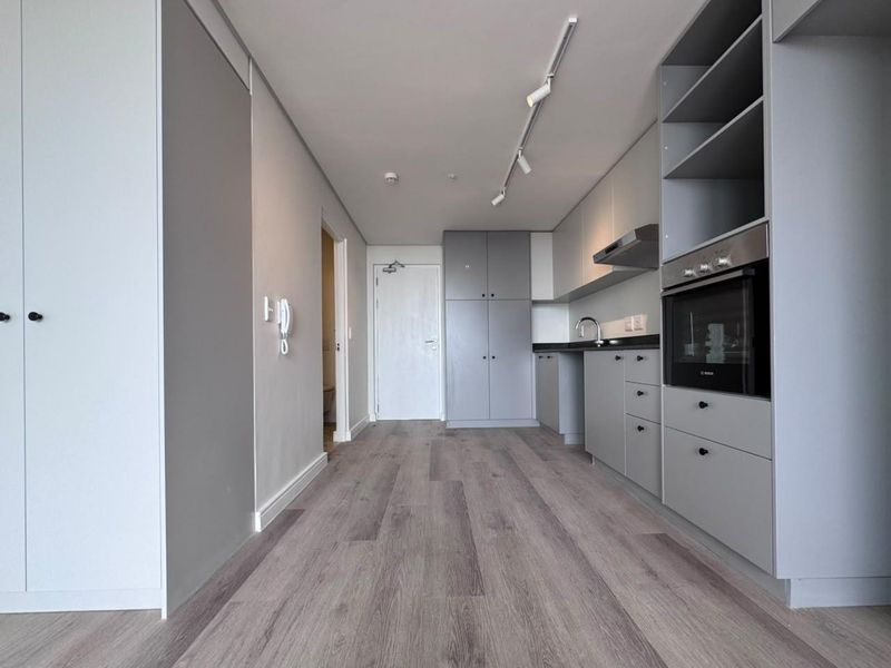 Modern kitchen featuring sleek grey cabinetry, built-in oven, extractor fan, and durable laminate flooring in a clean, minimalist open-plan layout.