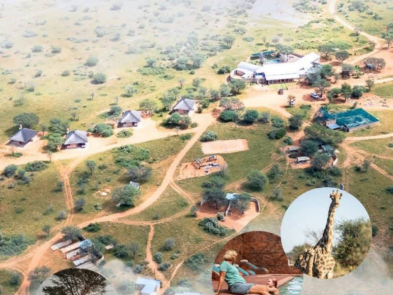 Aerial view of the West Nest Leisure property in Namibia, showcasing the lodge layout, surrounding landscape, and recreational facilities.