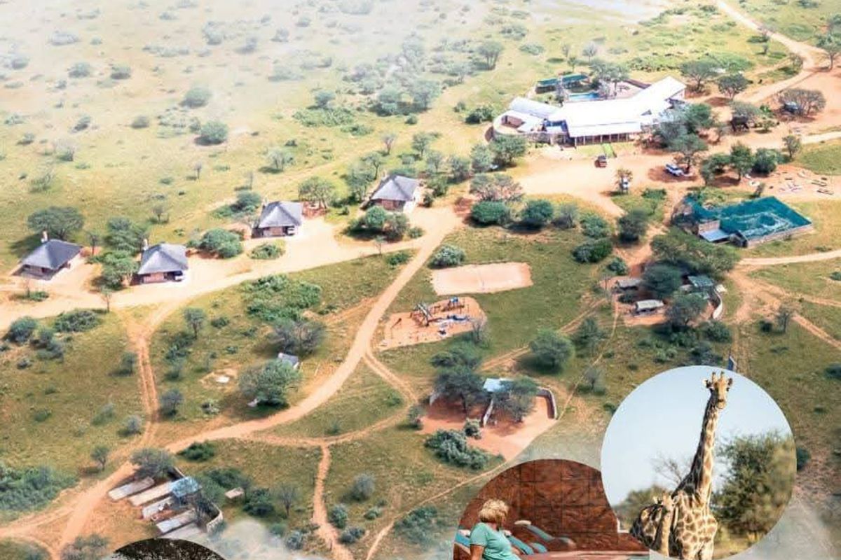 Aerial view of the West Nest Leisure property in Namibia, showcasing the lodge layout, surrounding landscape, and recreational facilities.