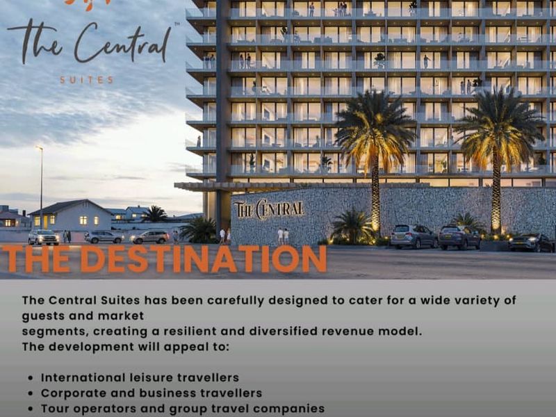 Architectural rendering of The Central Suites, a modern multi-story hotel building featuring glass balconies and stone facade elements.