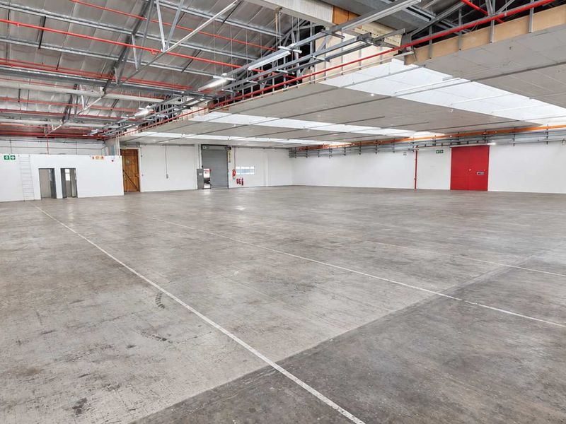 Spacious industrial warehouse unit featuring high ceilings with exposed steel trusses, concrete flooring, fire sprinkler system, and large roller shutter access.