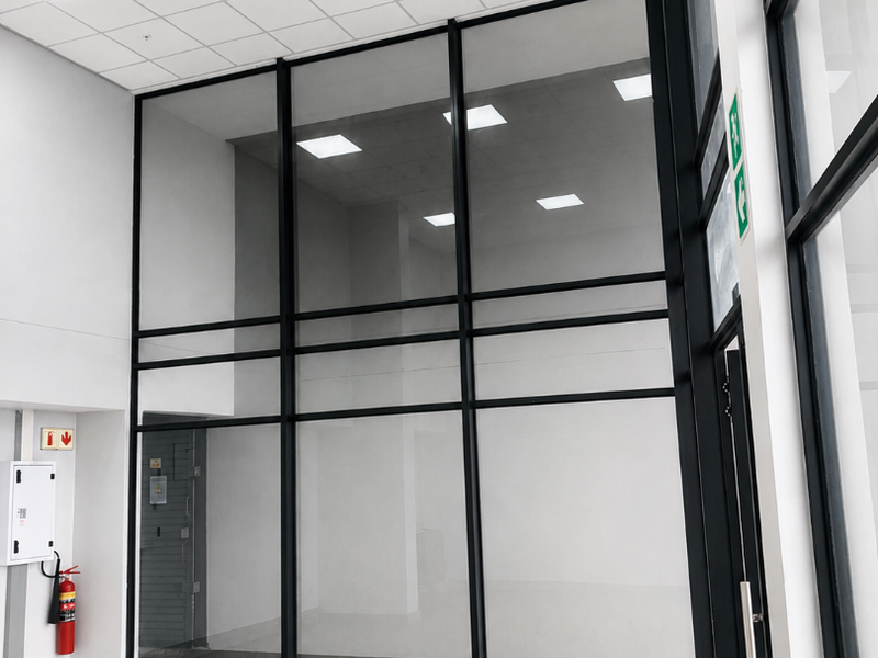 Modern retail entrance featuring high ceilings, large glass storefront windows with black aluminum frames, recessed lighting, and neutral tiled flooring.
