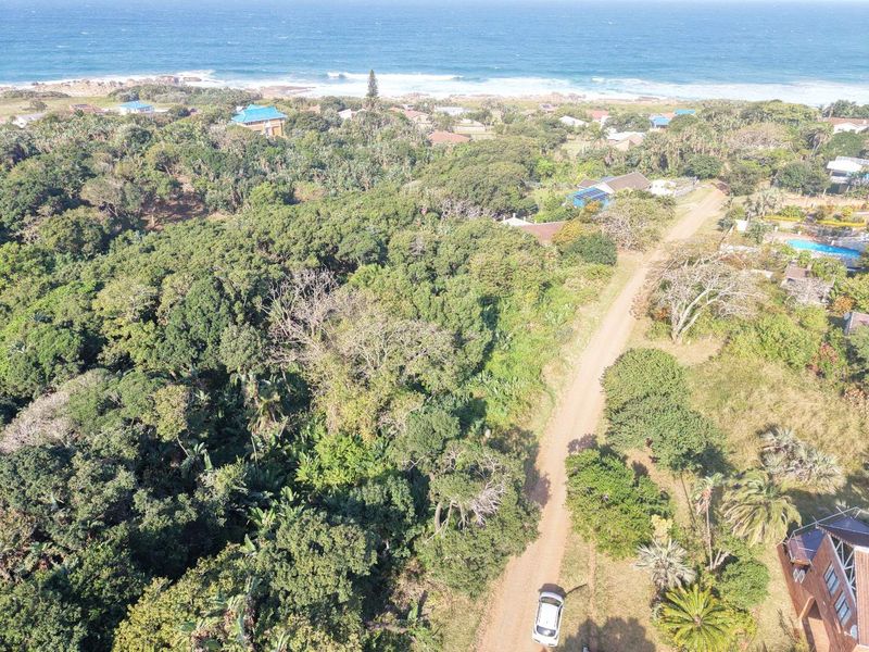 Aerial view of a coastal residential plot featuring dense indigenous vegetation and proximity to the ocean.