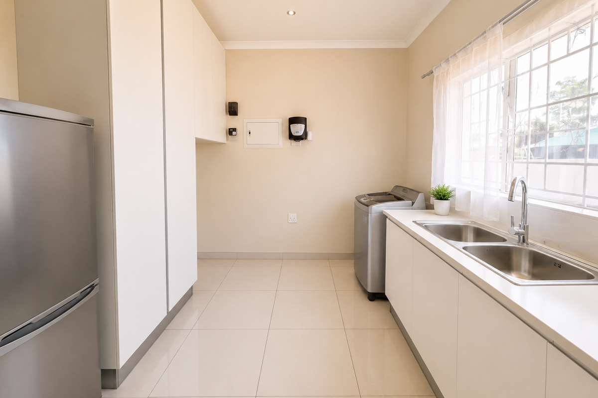A clean and functional laundry room featuring built-in white cabinetry, a double stainless steel sink, and tiled flooring with ample natural light.