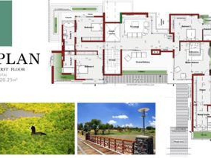 A first-floor architectural layout plan showing the spatial arrangement of bedrooms, living areas, and balconies, accompanied by small exterior landscape reference images.