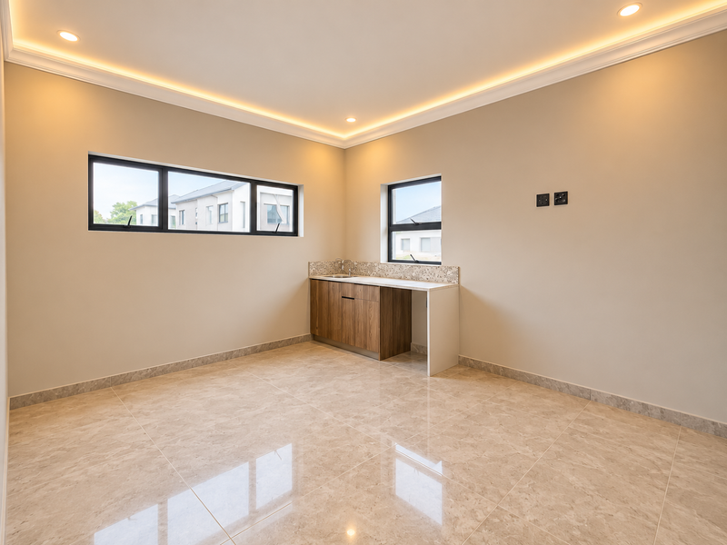 A clean, modern scullery featuring built-in cabinetry, stone countertops, an undermount sink, and polished tile flooring with elegant recessed and cove lighting.