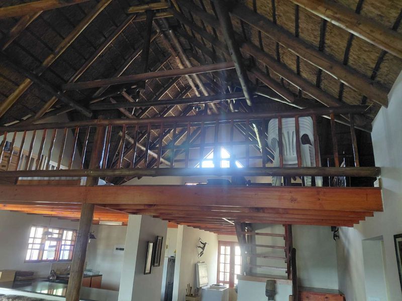 Spacious living area featuring a high-volume thatched roof with exposed timber rafters and a mezzanine loft level with timber balustrading.