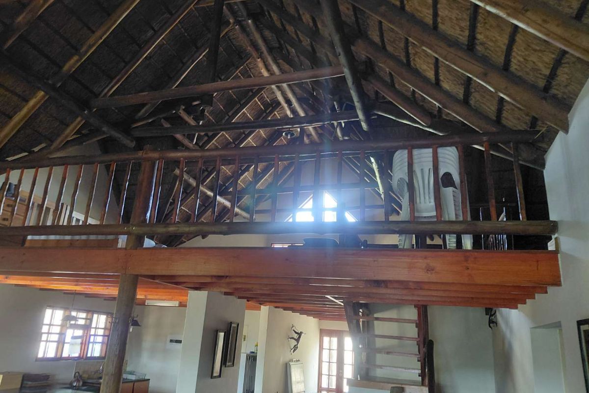 Spacious living area featuring a high-volume thatched roof with exposed timber rafters and a mezzanine loft level with timber balustrading.