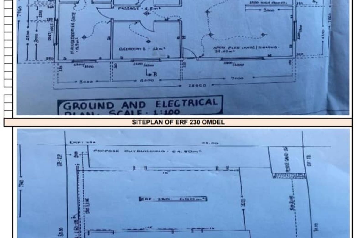 A detailed architectural floor plan and site plan for the property, illustrating the layout of the dwelling and proposed outbuildings.
