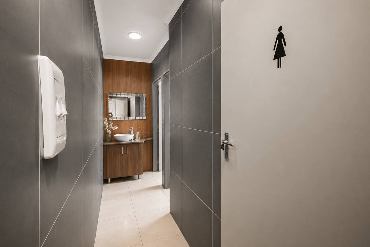 A modern, well-maintained restroom hallway featuring dark grey tiled walls, light floor tiles, and a vanity area with a vessel sink.