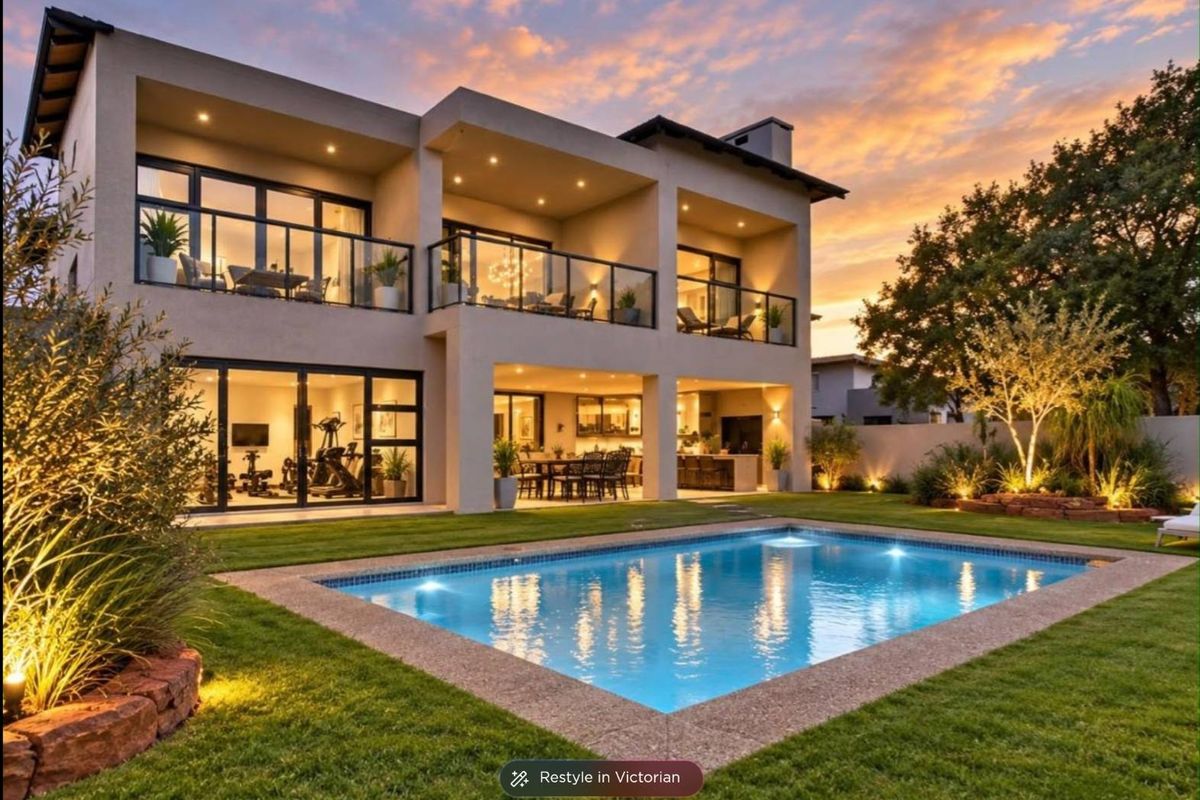 Stunning double-story rear elevation featuring a swimming pool, expansive covered patio, upper-level balconies with glass balustrades, and modern architectural lighting.