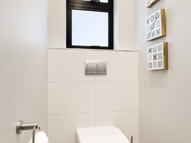 A modern, minimalist guest bathroom featuring a wall-hung toilet, concealed cistern, neutral floor tiles, and a sleek aluminium-framed window.