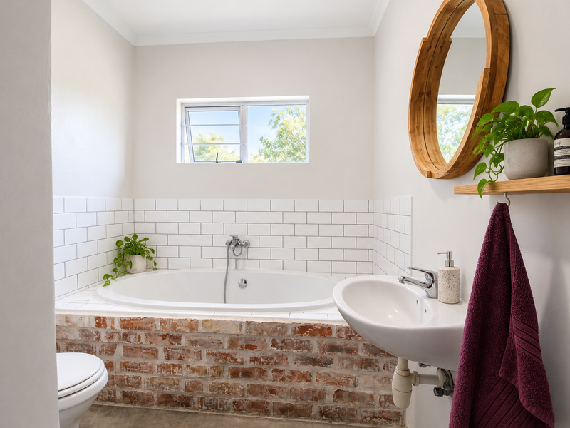 A well-maintained bathroom featuring a built-in bathtub with an exposed brick surround, subway tile backsplash, and a wall-mounted basin.