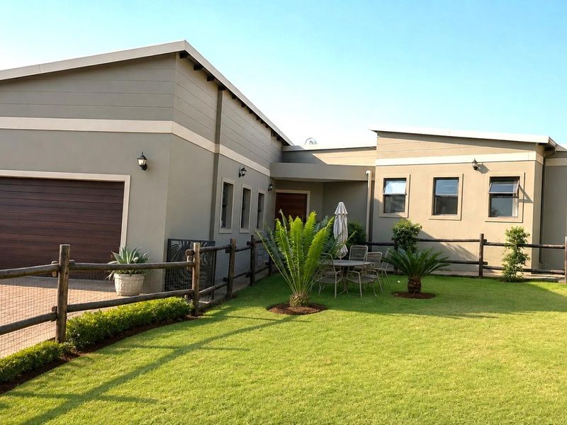 Modern single-story residence featuring a paved driveway, integrated garage, and well-maintained lawn with timber fencing.