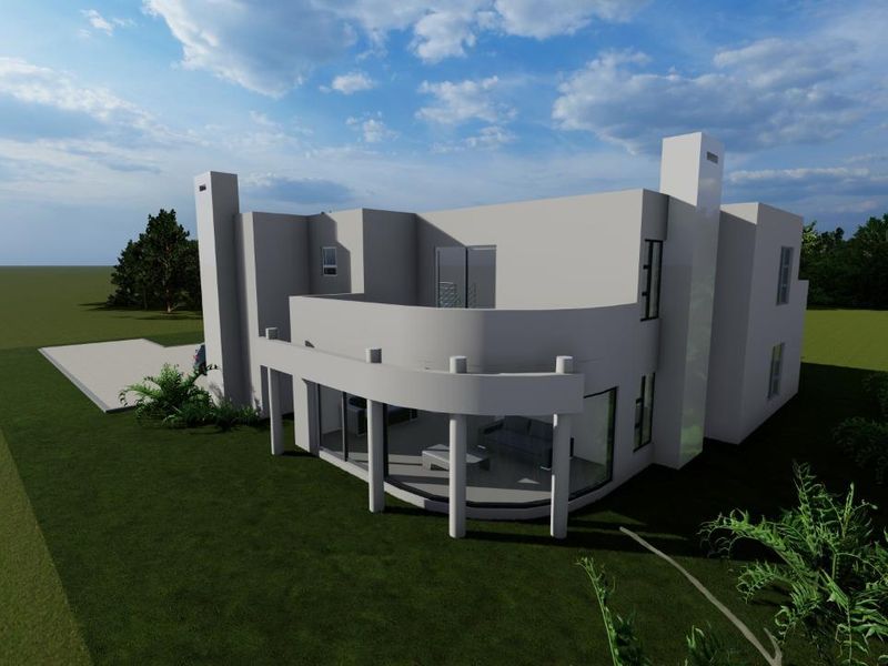 A 3D architectural rendering of a modern house featuring a curved balcony, large glass sliding doors, and dual chimney stacks.