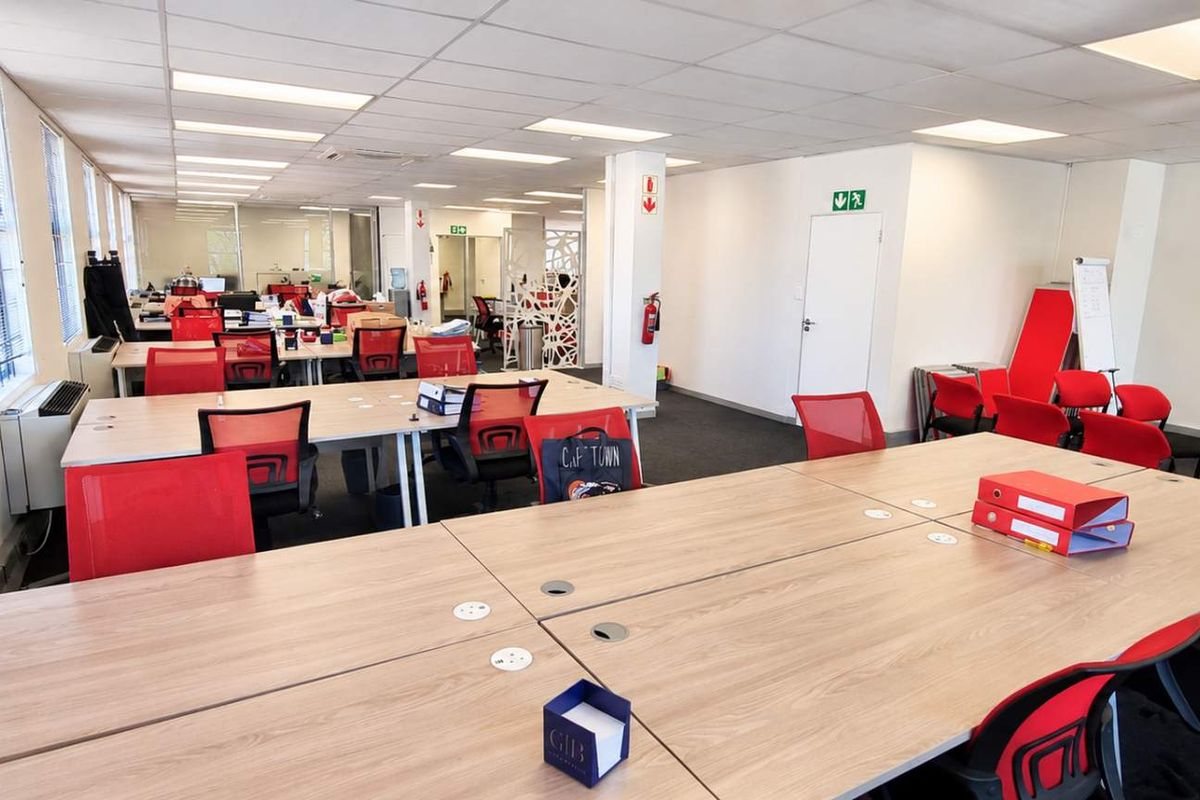 A spacious open-plan office area featuring suspended ceilings, recessed lighting, large windows for natural light, and integrated air conditioning.