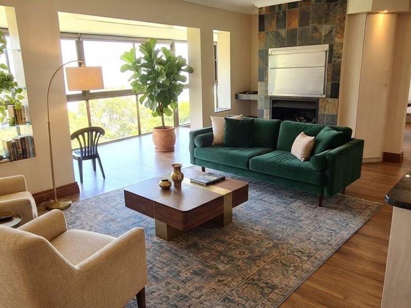 Spacious open-plan living area featuring a built-in fireplace with stone cladding, large windows with natural light, and modern laminate flooring.