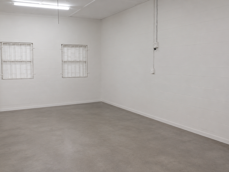 A clean, empty industrial utility space featuring painted blockwork walls, concrete flooring, security-barred windows, and functional overhead lighting.
