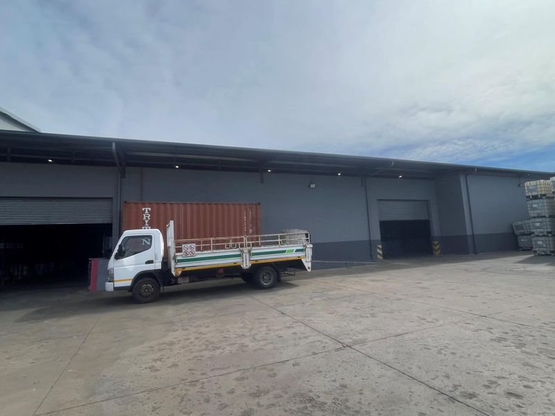 Industrial exterior rear view featuring a large concrete yard, roller shutter access doors, and a metal roof canopy.