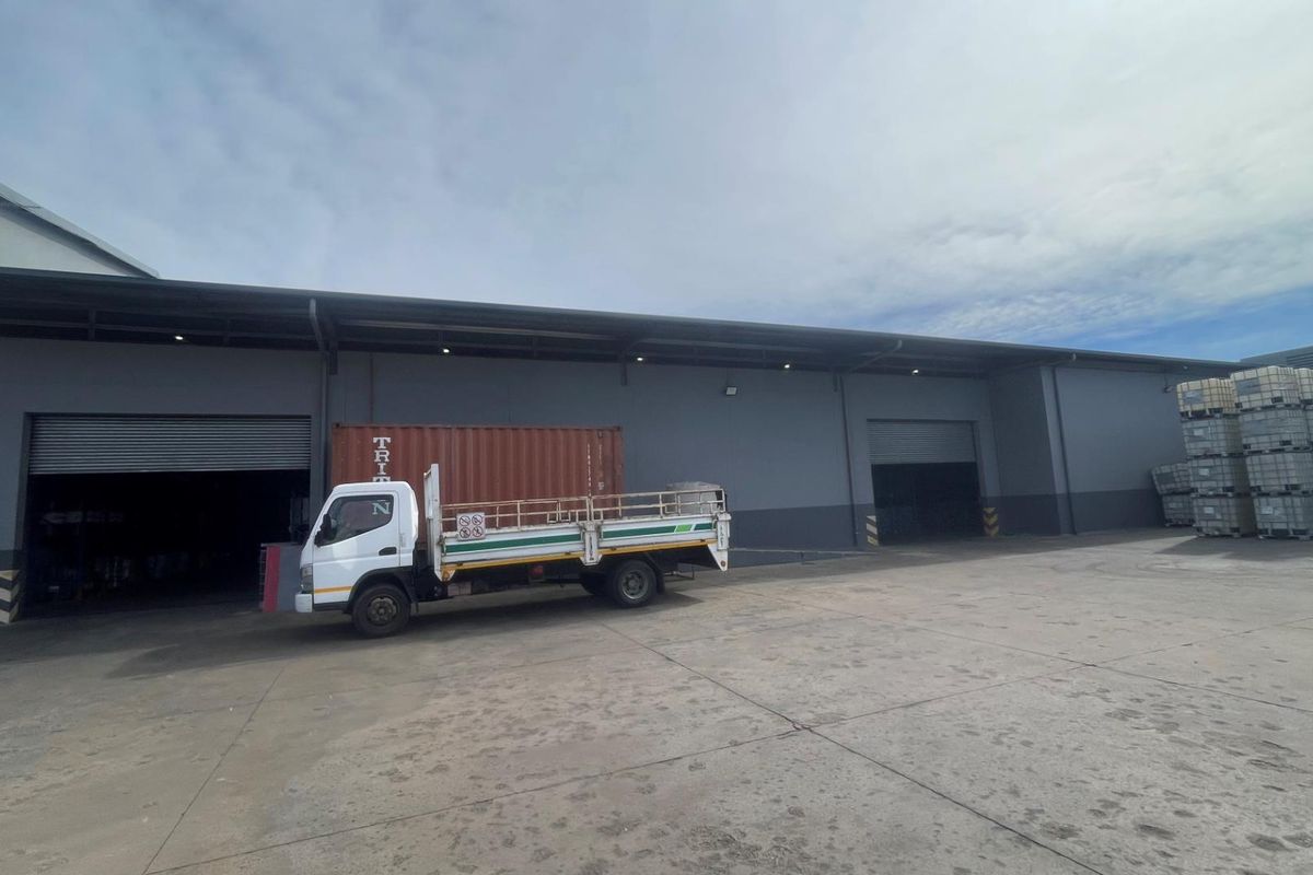 Industrial exterior rear view featuring a large concrete yard, roller shutter access doors, and a metal roof canopy.