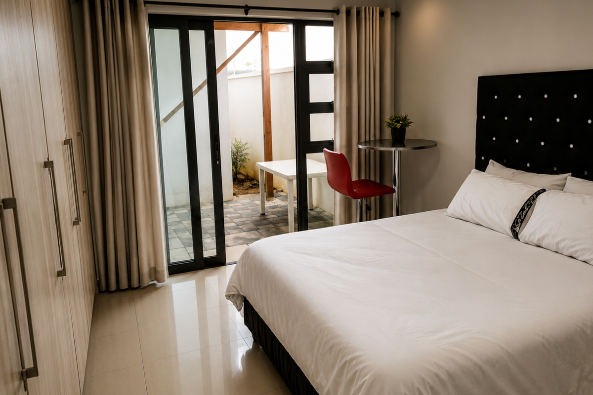 A well-maintained bedroom featuring built-in cupboards, tiled flooring, and a sliding glass door providing direct access to a private patio area.