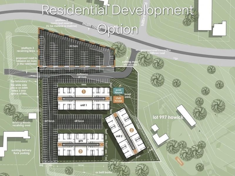 A site development plan illustrating the proposed layout for a residential project, including unit placements, clubhouse, pool house, and road access points.