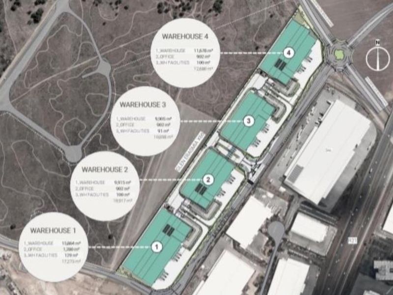 Aerial site plan showing the layout and square footage of four industrial warehouse units within the development.