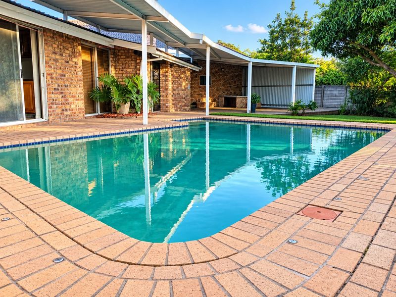 A well-maintained swimming pool area featuring brick paving, a covered patio with a built-in braai, and direct access to the home via sliding doors.