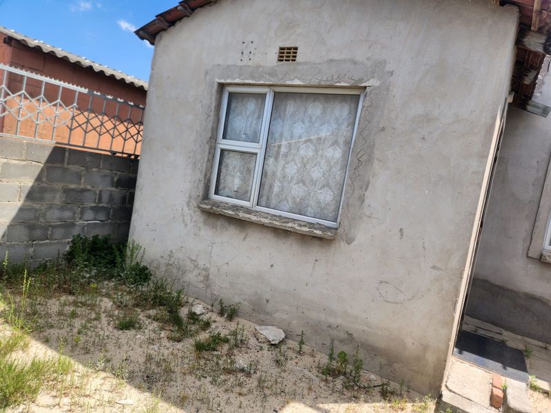 Exterior view of the rear building facade featuring an aluminium window, unfinished plaster walls, and a concrete block boundary wall with security fencing.