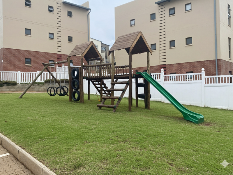 A well-maintained communal garden area featuring a wooden children's playground set, enclosed by white vinyl fencing within an apartment complex.