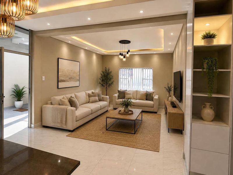 A modern, well-lit living room featuring recessed ceiling lighting, cove lighting, tiled floors, and a built-in shelving unit, with access to an outdoor area.