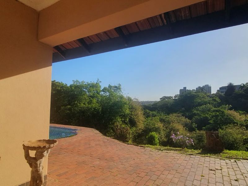 A covered patio area featuring brick paving and exposed timber rafters, overlooking a swimming pool and lush natural surroundings.