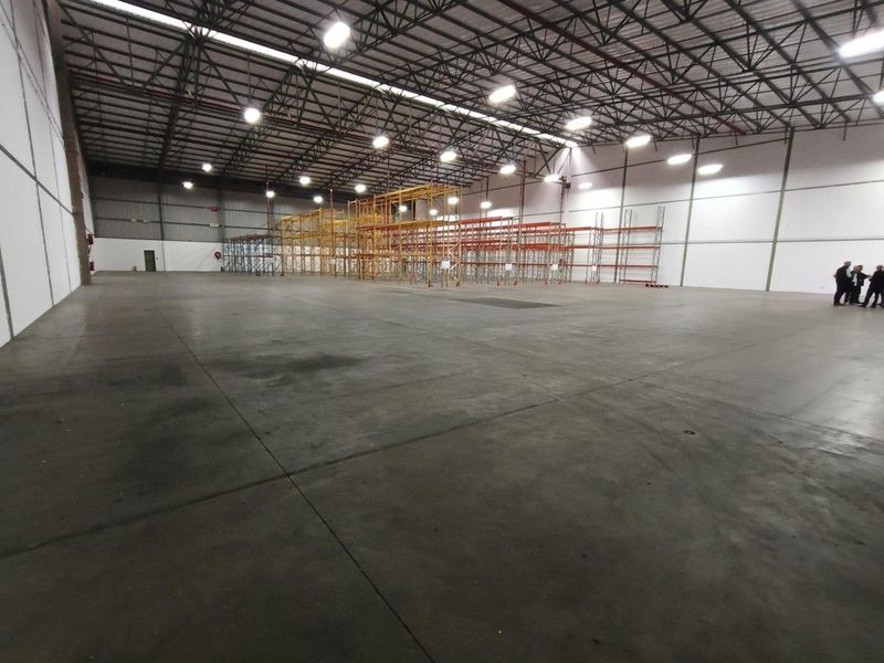 Spacious industrial warehouse featuring high ceilings, exposed steel trusses, high-bay lighting, and extensive built-in steel racking systems on a durable concrete floor.