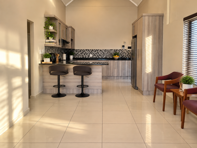 Modern kitchen featuring light wood-grain cabinetry, granite countertops, a mosaic tile backsplash, and a breakfast bar, complemented by neutral tiled flooring.