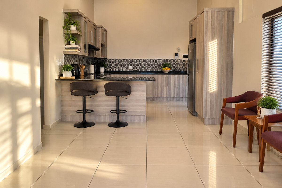 Modern kitchen featuring light wood-grain cabinetry, granite countertops, a mosaic tile backsplash, and a breakfast bar, complemented by neutral tiled flooring.