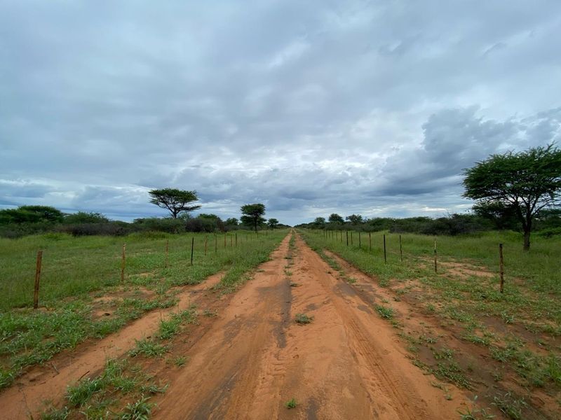 A dirt access road leading through the small holding, bordered by wire fencing and natural bushveld vegetation under a cloudy sky.