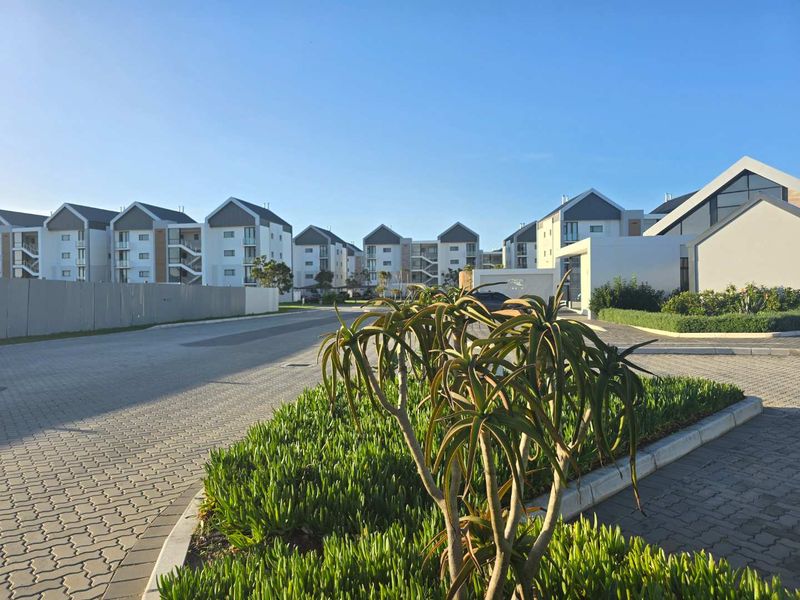 A clear street-level view of a modern residential apartment complex featuring paved driveways and well-maintained landscaped garden beds.