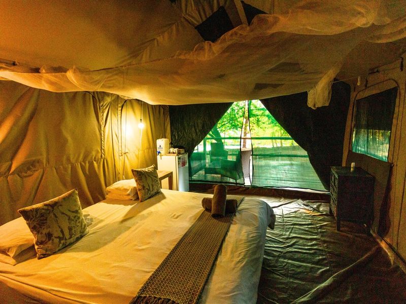 A rustic tented bedroom suite featuring canvas walls, integrated mosquito netting, and direct access to an outdoor deck area.