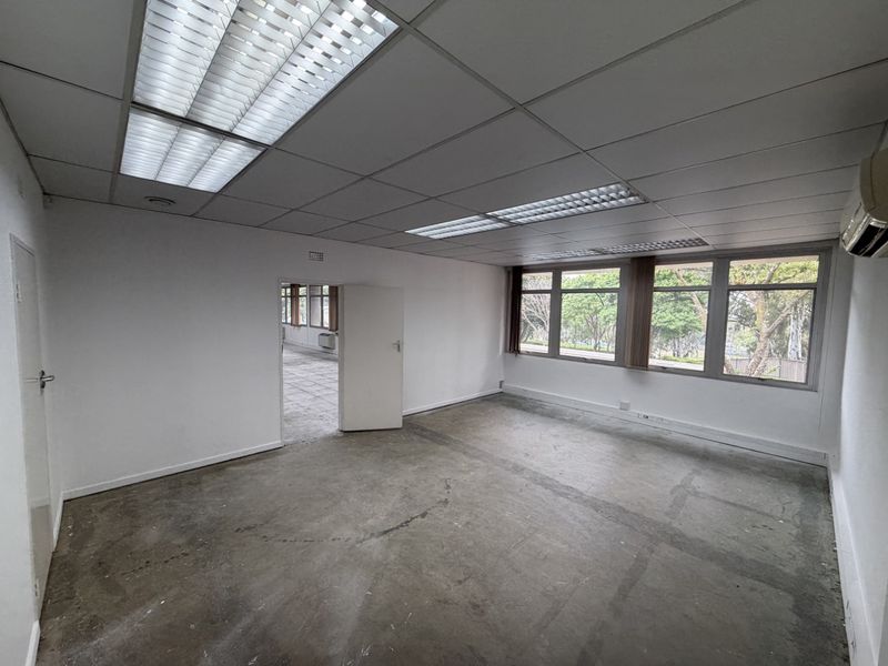 An empty industrial office space featuring a suspended ceiling, fluorescent lighting, split-system air conditioning, and large windows with views of the surrounding greenery.