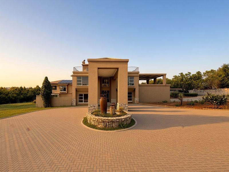 A grand front elevation featuring a large paved driveway, a central stone-clad water feature, and a prominent covered entrance portico.