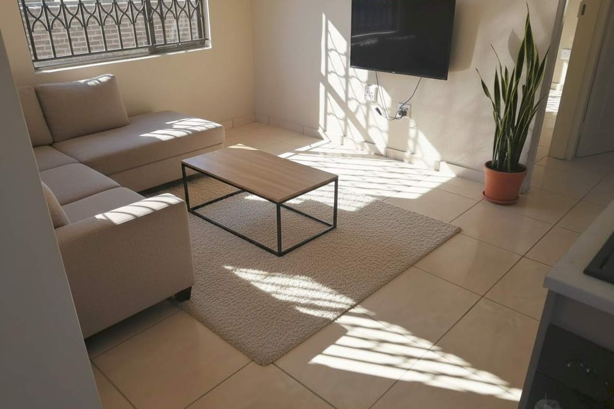 A bright living room featuring tiled flooring and a window with security bars, offering a functional and well-lit space.