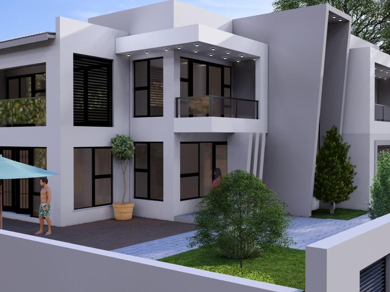 A modern two-story residential exterior featuring clean architectural lines, a private balcony, recessed lighting, and a paved patio area.