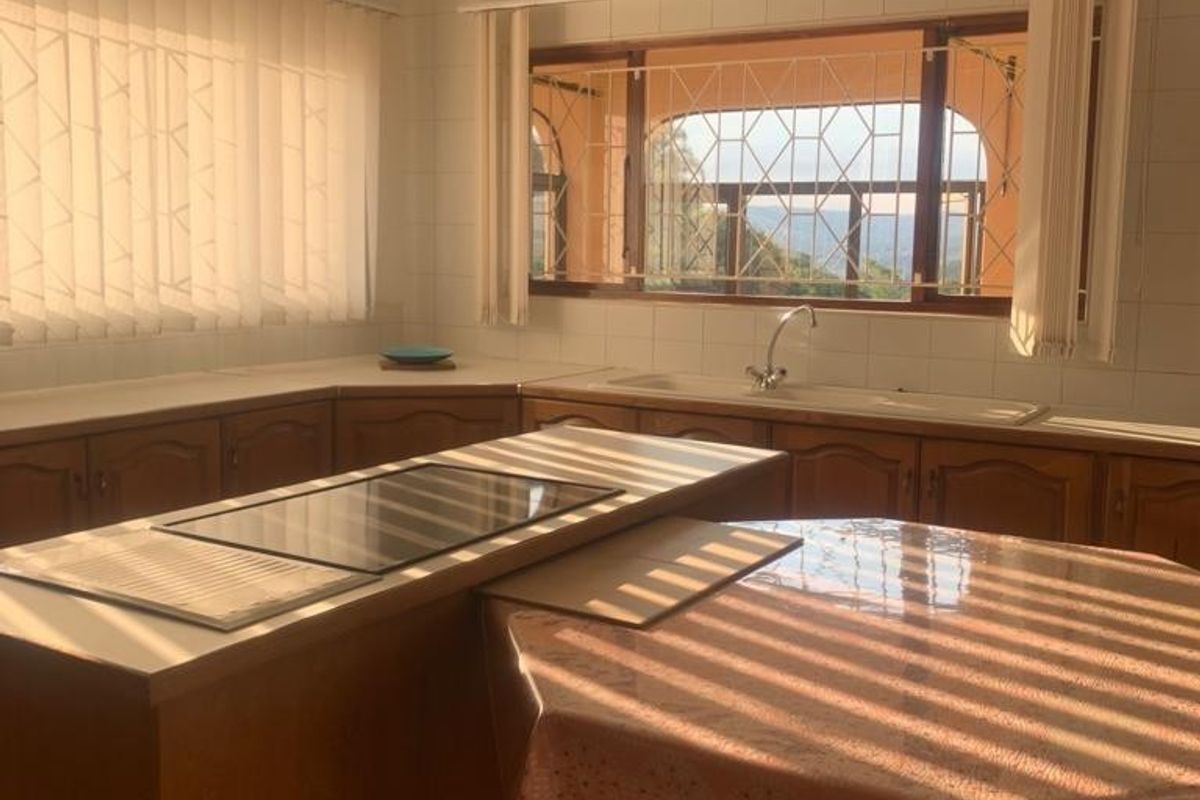 A dated kitchen featuring wooden cabinetry, tiled splashbacks, and a built-in cooktop, with large windows providing natural light and exterior views.