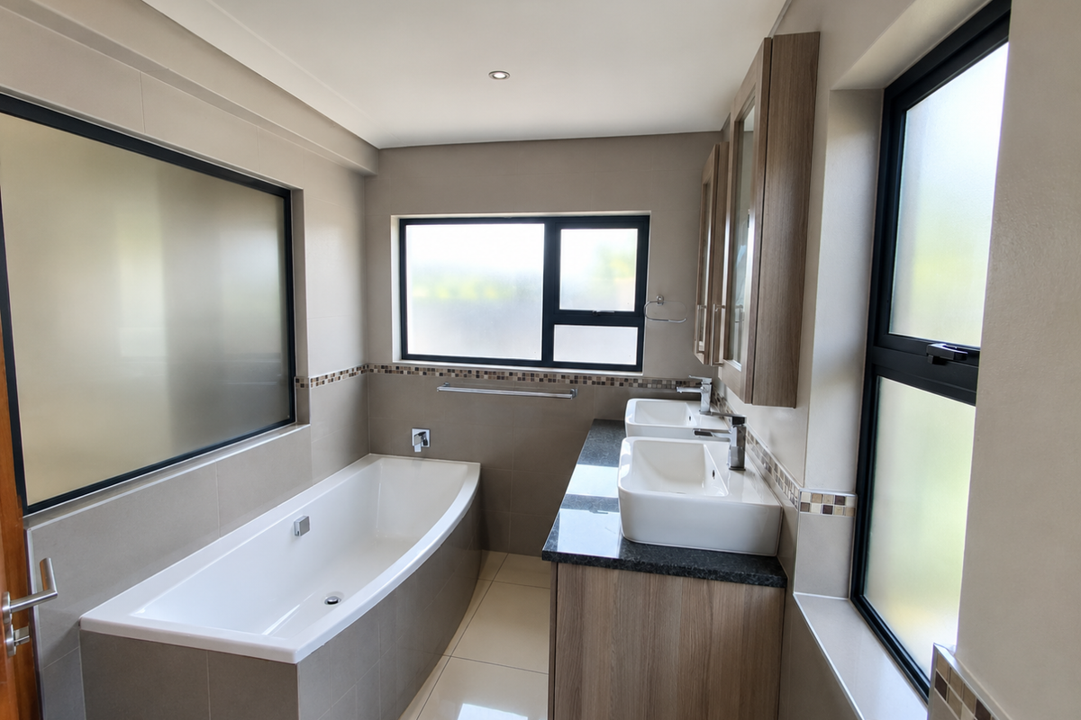Modern bathroom featuring a built-in bathtub, double vanity with stone countertop, and neutral tiled finishes with frosted glass windows for privacy.