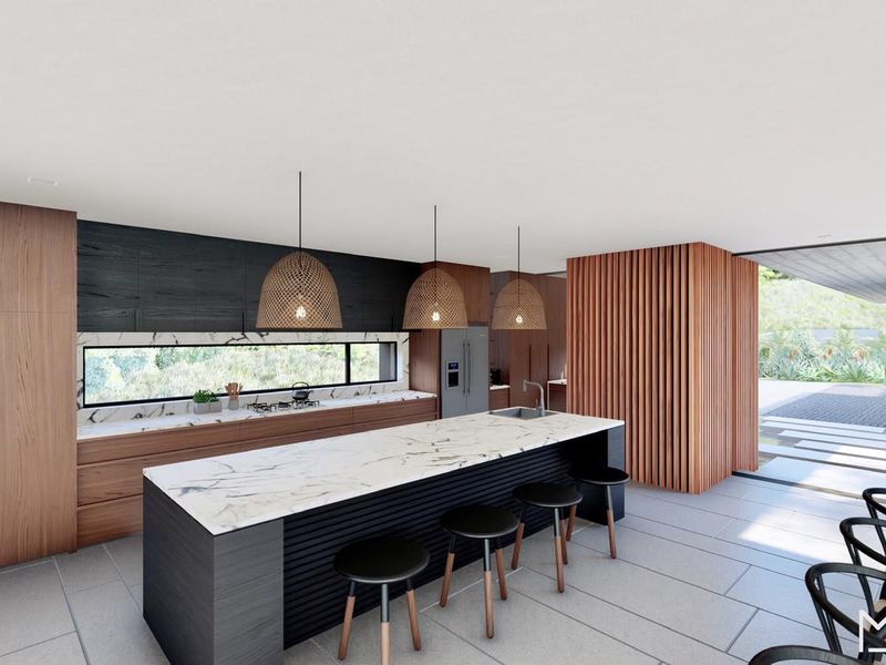 Modern open-plan kitchen featuring a marble island, sleek timber cabinetry, integrated appliances, and a striking slatted wood feature wall.